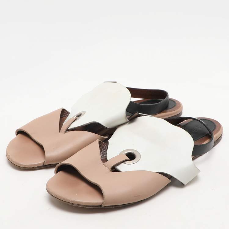 Pre Owned Marni Beige/White Leather Slingback Flat Sandals Size 40