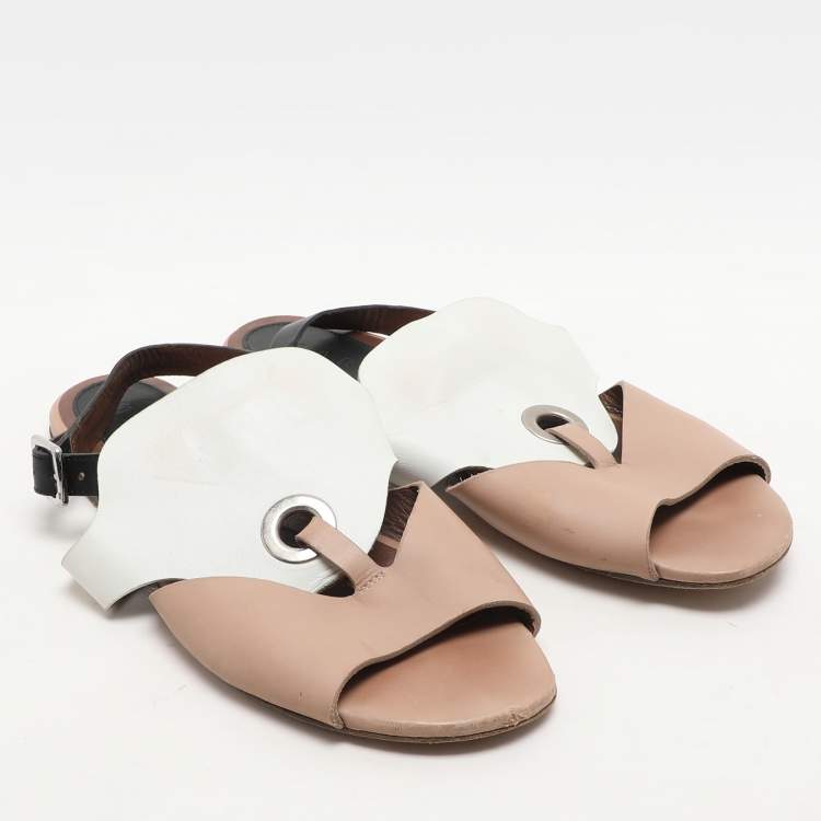 Pre Owned Marni Beige/White Leather Slingback Flat Sandals Size 40