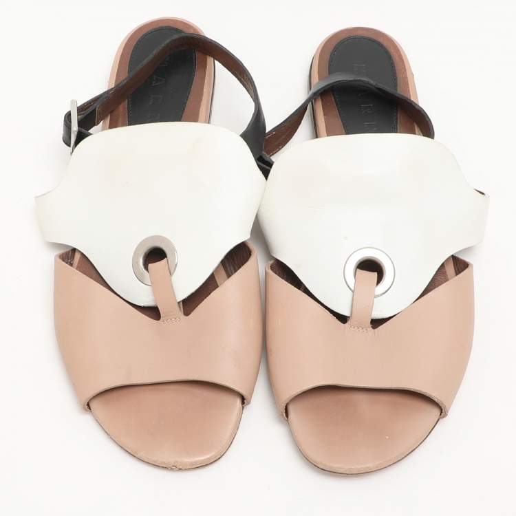 Pre Owned Marni Beige/White Leather Slingback Flat Sandals Size 40