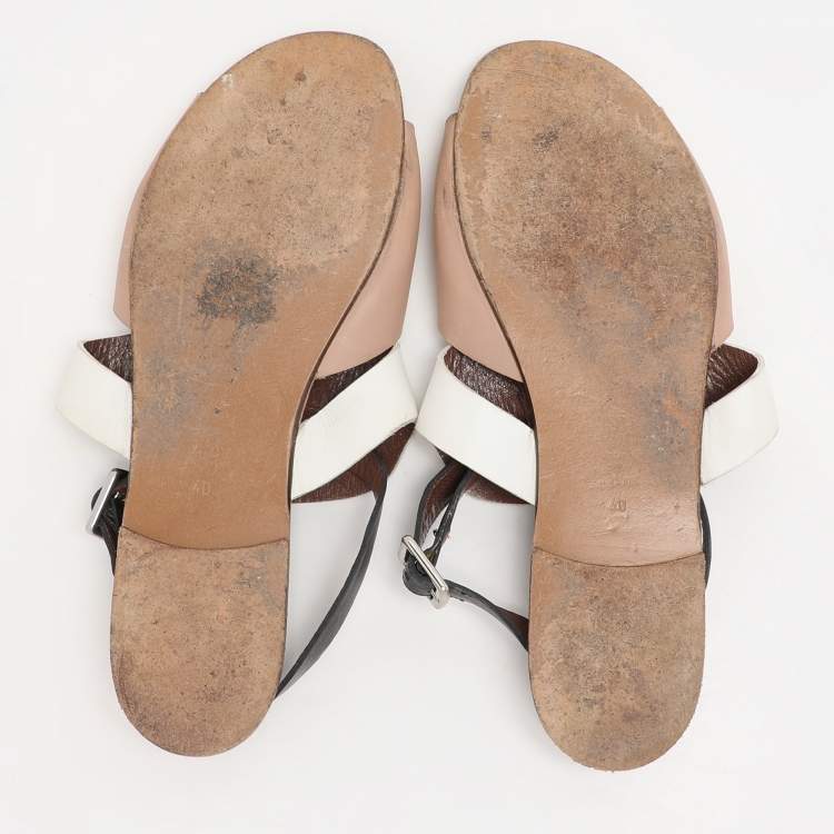 Pre Owned Marni Beige/White Leather Slingback Flat Sandals Size 40