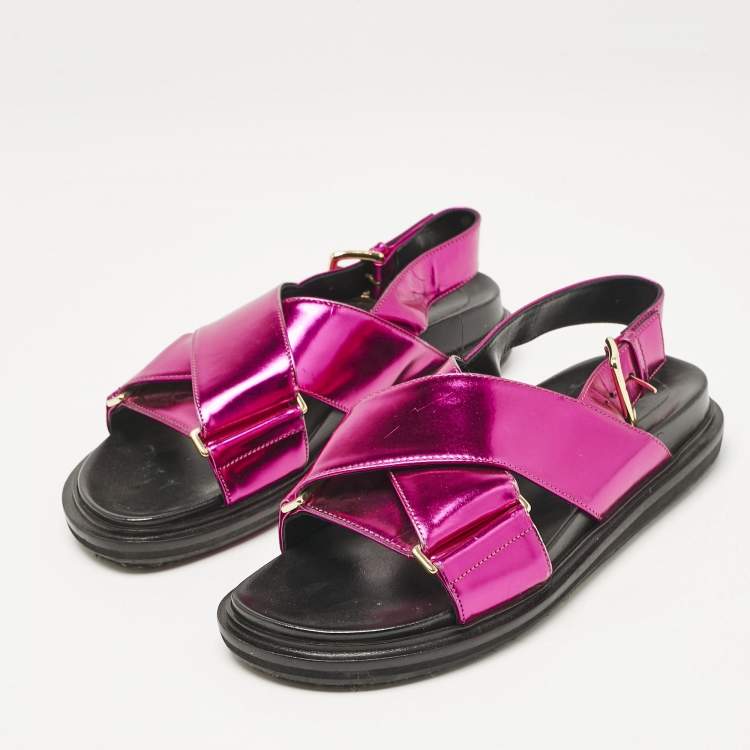 Pre Owned Marni Metallic Pink Leather Fussbett Crisscross Slingback Flat Sandals Size 38