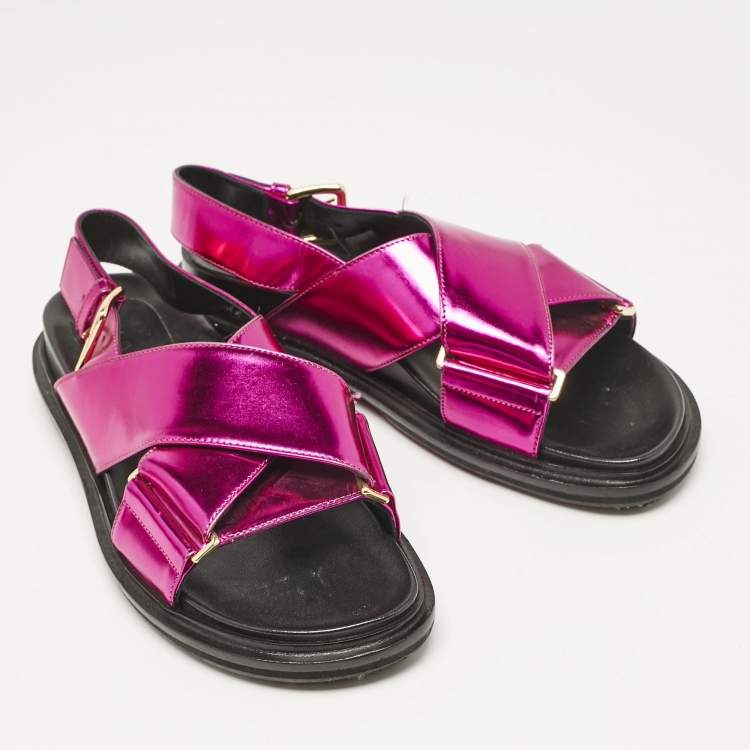 Pre Owned Marni Metallic Pink Leather Fussbett Crisscross Slingback Flat Sandals Size 38