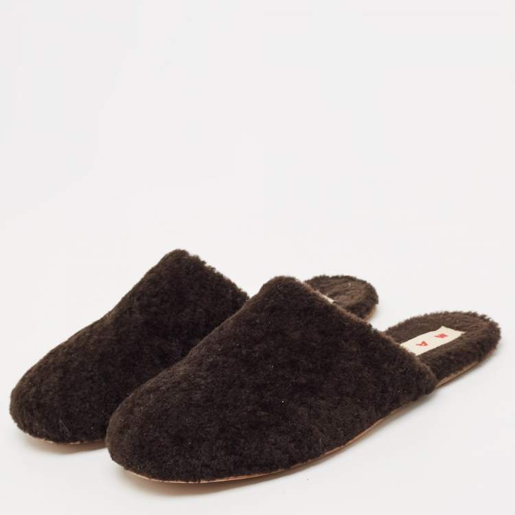 Pre Owned Marni Dark Brown Shearling Fur Flat Mules Size 38