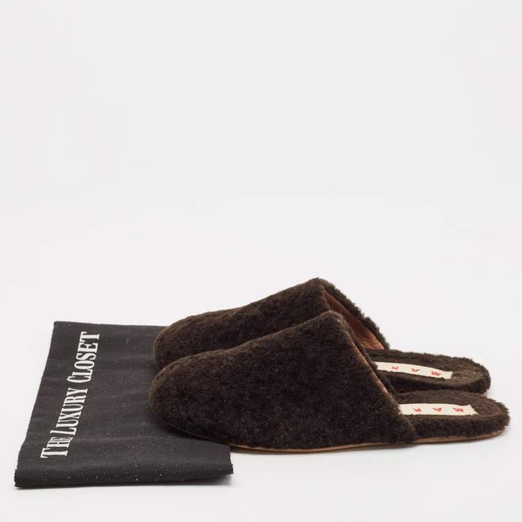 Pre Owned Marni Dark Brown Shearling Fur Flat Mules Size 38
