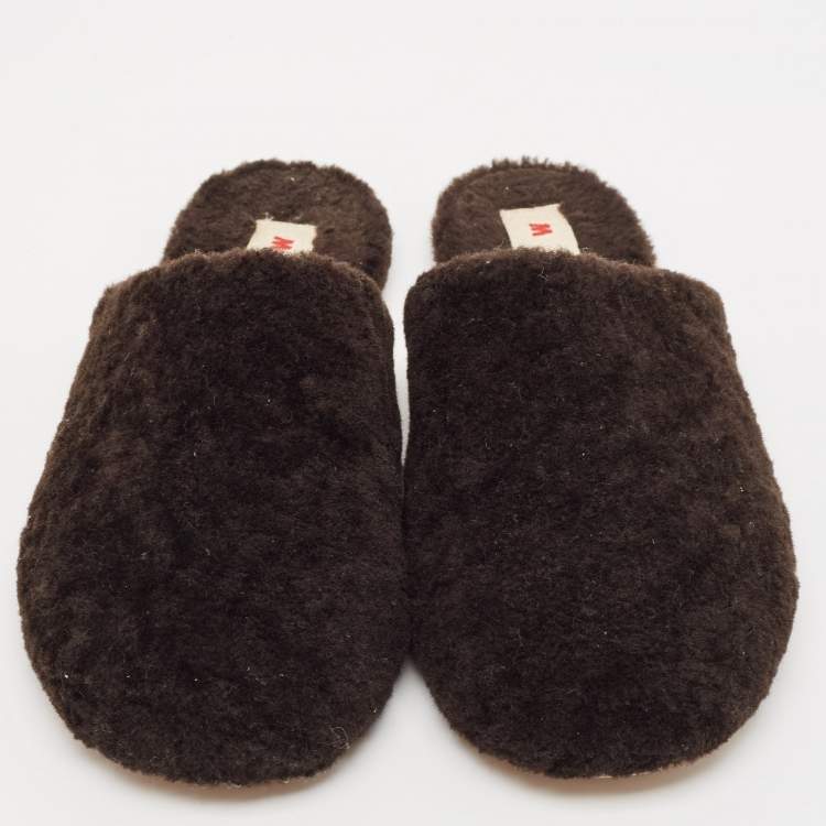 Pre Owned Marni Dark Brown Shearling Fur Flat Mules Size 38