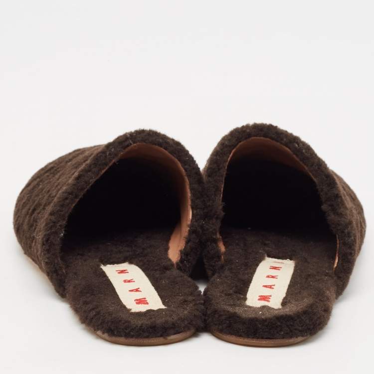 Pre Owned Marni Dark Brown Shearling Fur Flat Mules Size 38