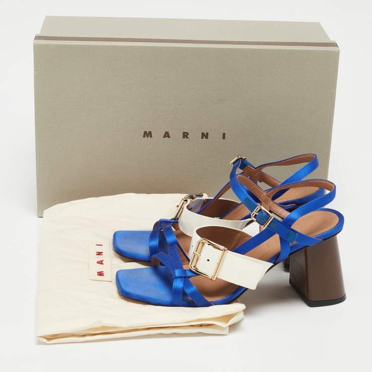Pre Owned Marni Blue/Cream Patent Leather and Satin Ankle Strap Sandals Size 36