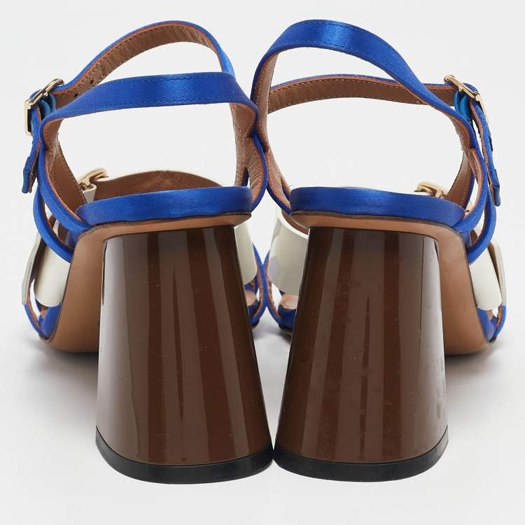 Pre Owned Marni Blue/Cream Patent Leather and Satin Ankle Strap Sandals Size 36