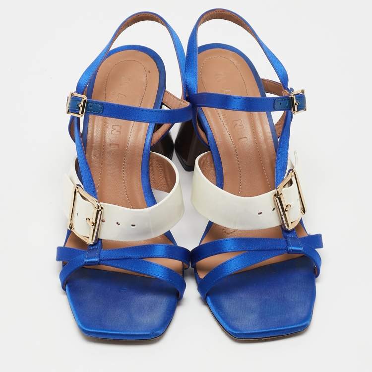 Pre Owned Marni Blue/Cream Patent Leather and Satin Ankle Strap Sandals Size 36