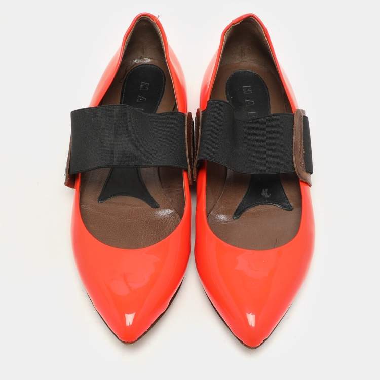 Pre Owned Marni Neon Orange Patent Leather Ballet Flats Size 35