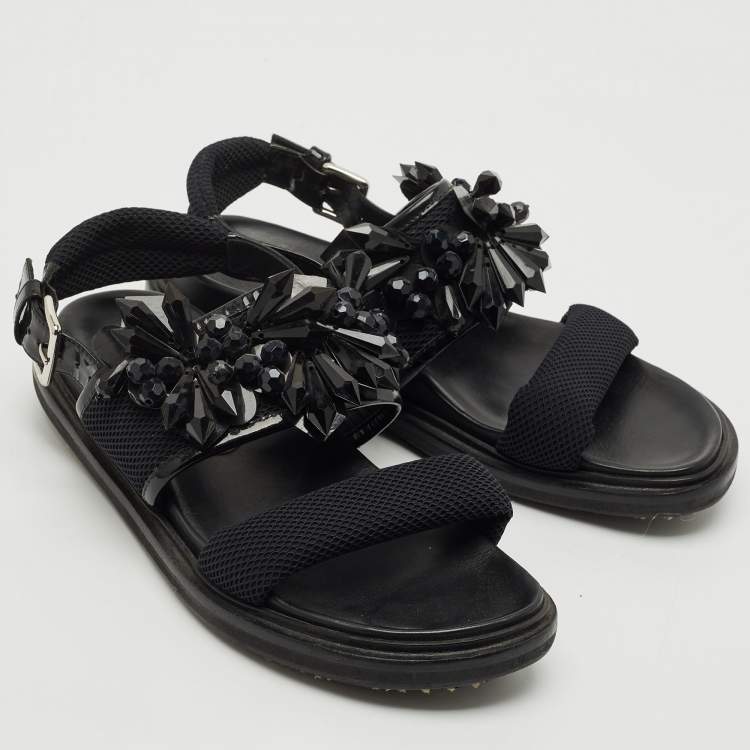 Pre Owned Marni Black Fabric and Patent Embellished Flat Slingback Sandals Size 38