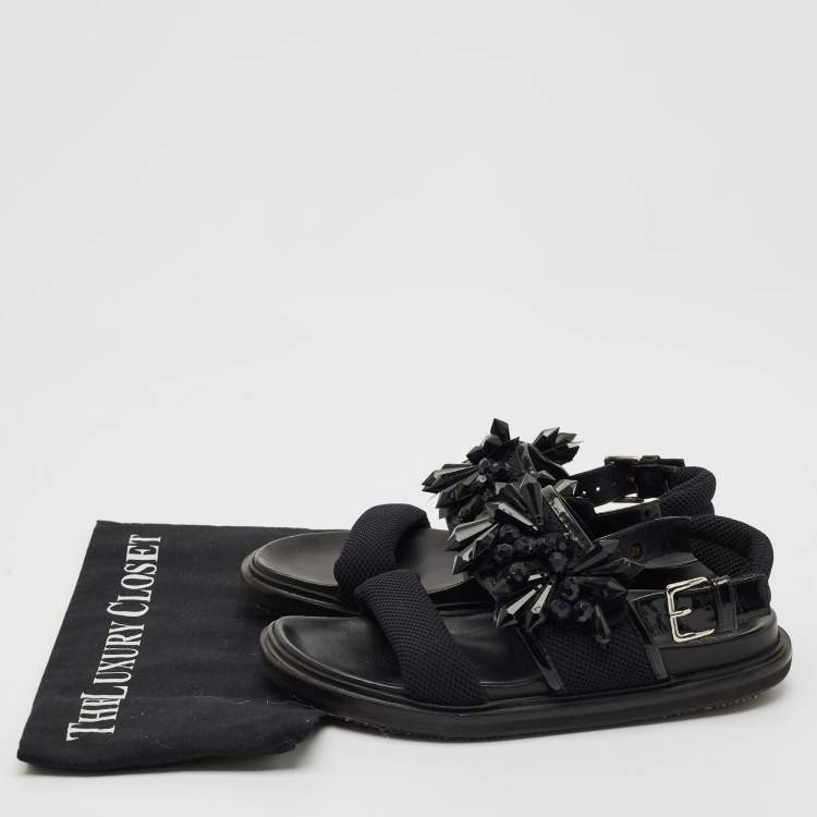 Pre Owned Marni Black Fabric and Patent Embellished Flat Slingback Sandals Size 38