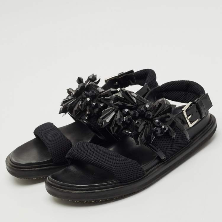 Pre Owned Marni Black Fabric and Patent Embellished Flat Slingback Sandals Size 38