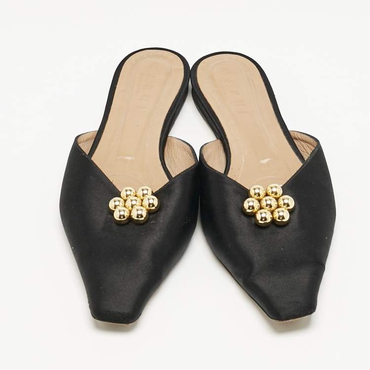 Pre Owned Marni Black Satin Embellished Pointed Toe Flat Mules Size 41