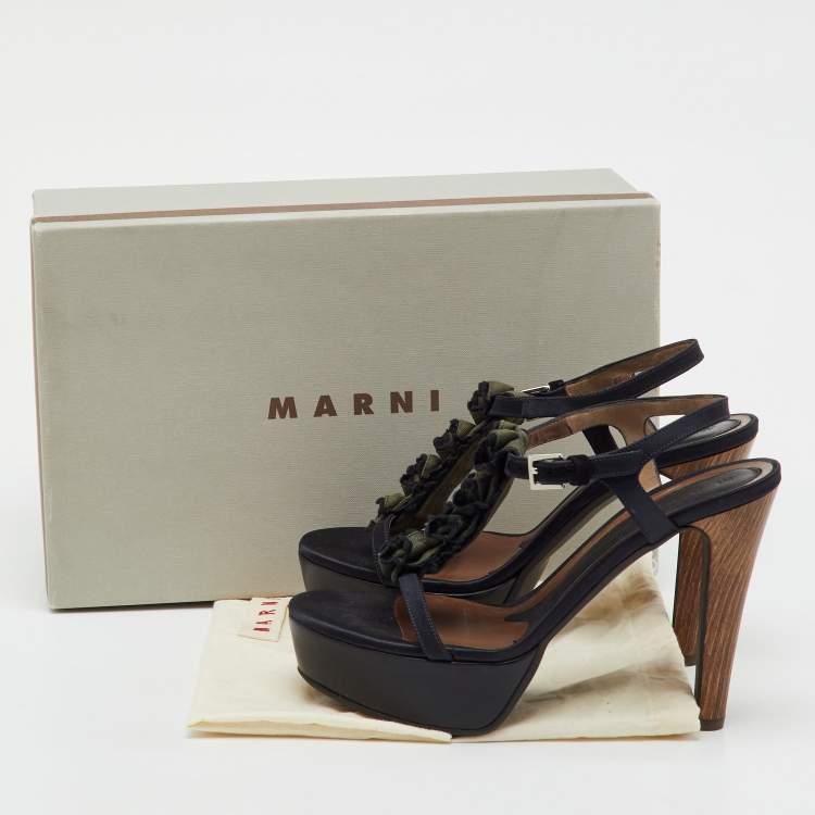 Pre Owned Marni Black/Green Satin and Fabric Platform Ankle Strap Sandals Size 39