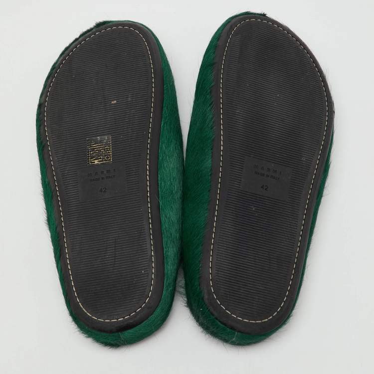 Pre Owned Marni Dark Green Calf Hair Fussbett Sabot Flat Mules Size 42