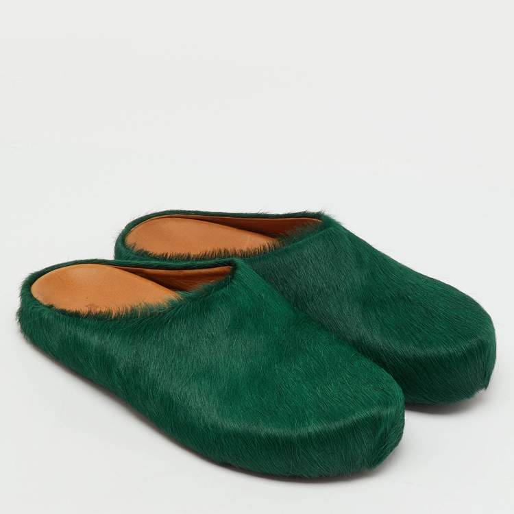 Pre Owned Marni Dark Green Calf Hair Fussbett Sabot Flat Mules Size 42