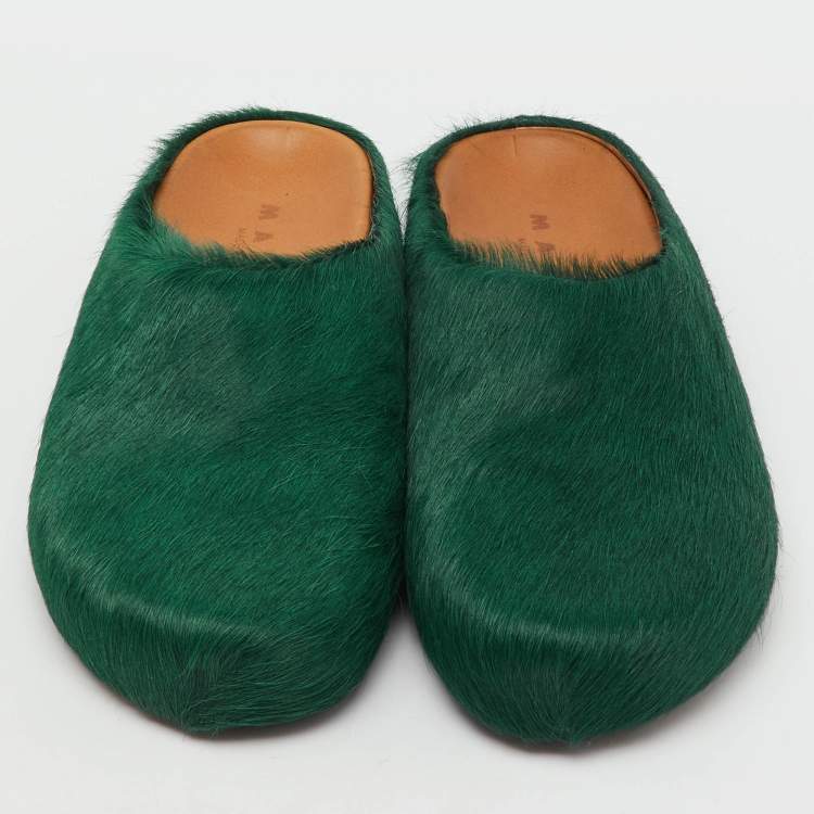 Pre Owned Marni Dark Green Calf Hair Fussbett Sabot Flat Mules Size 42
