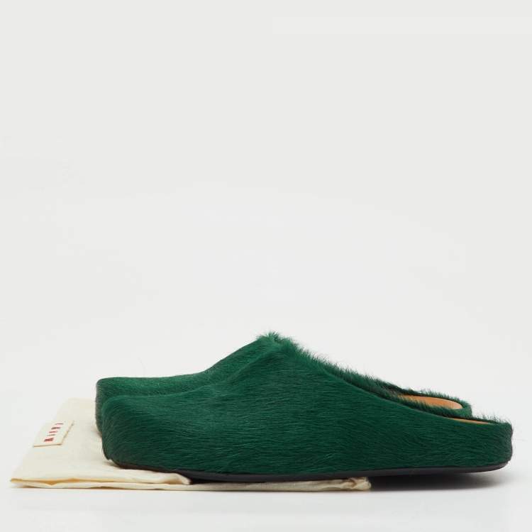 Pre Owned Marni Dark Green Calf Hair Fussbett Sabot Flat Mules Size 42