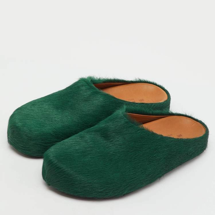 Pre Owned Marni Dark Green Calf Hair Fussbett Sabot Flat Mules Size 42