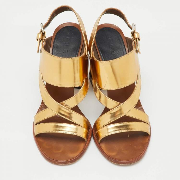 Pre Owned Marni Metallic Gold Leather Open Toe Block Heel Sandals Size 37