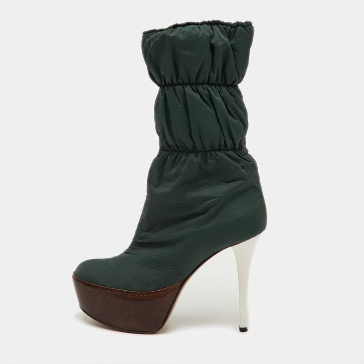 Pre Owned Marni Size 36 Dark Green/Brown Puffer Nylon Mid Calf Platform Boots