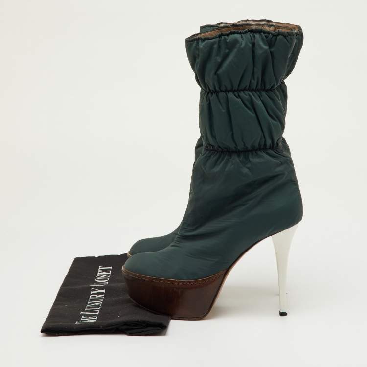 Pre Owned Marni Size 36 Dark Green/Brown Puffer Nylon Mid Calf Platform Boots