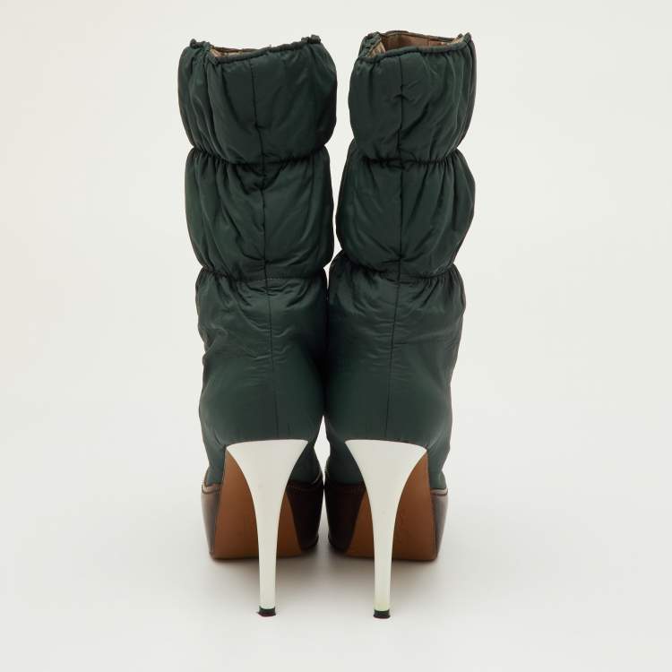 Pre Owned Marni Size 36 Dark Green/Brown Puffer Nylon Mid Calf Platform Boots