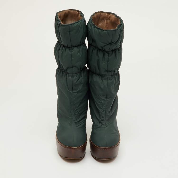 Pre Owned Marni Size 36 Dark Green/Brown Puffer Nylon Mid Calf Platform Boots