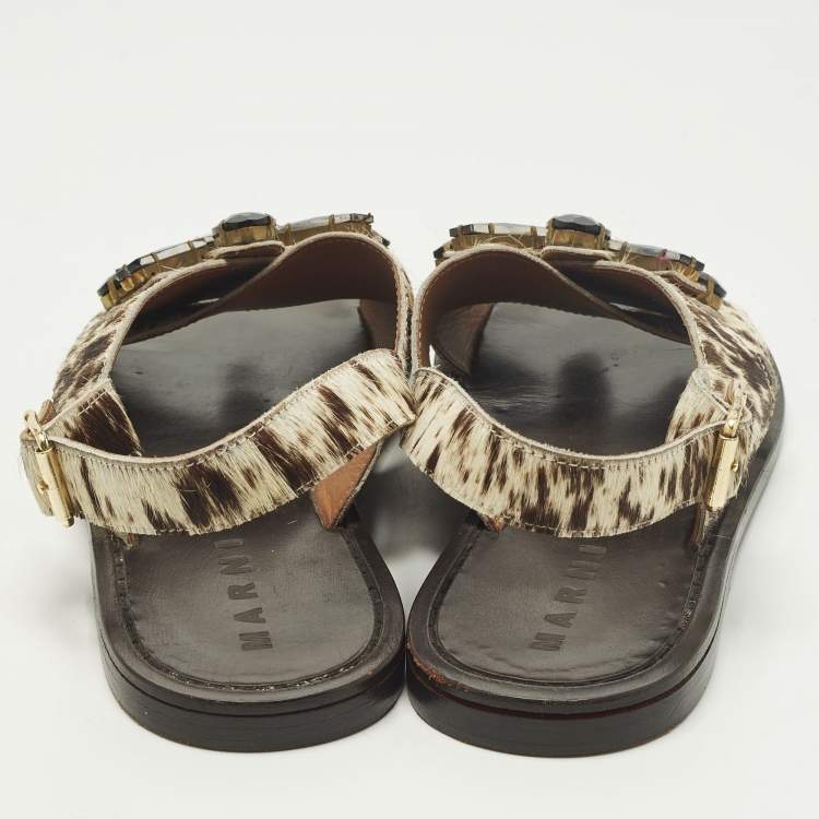 Pre Owned Marni Size 40 Beige/Brown Calf Hair Crystal Embellished Flat Sandals