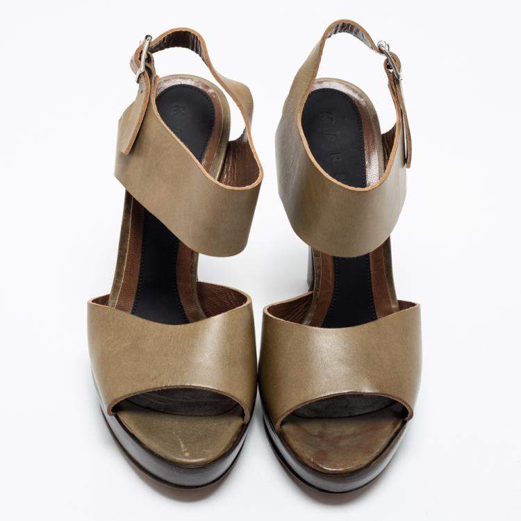 Pre Owned Marni Olive Green Leather Slingback Platform Sandals Size 38