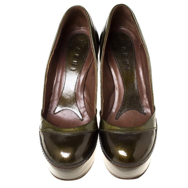 Pre Owned Marni Olive Green Patent Leather Platform Pumps Size 37