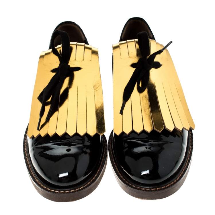 Pre Owned Marni Black/Gold Patent Leather Fringed Oxford Size 37