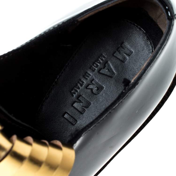 Pre Owned Marni Black/Gold Patent Leather Fringed Oxford Size 37