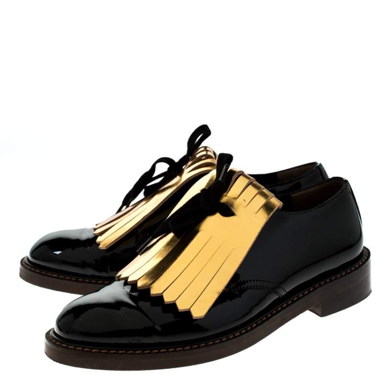 Pre Owned Marni Black/Gold Patent Leather Fringed Oxford Size 37