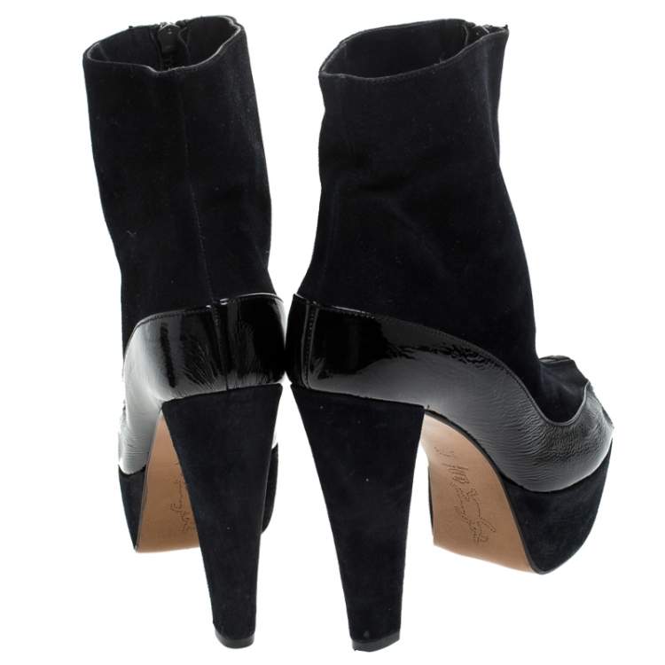 Pre Owned Marni Black Suede And Patent Leather Peep Toe Boots Size 37.5