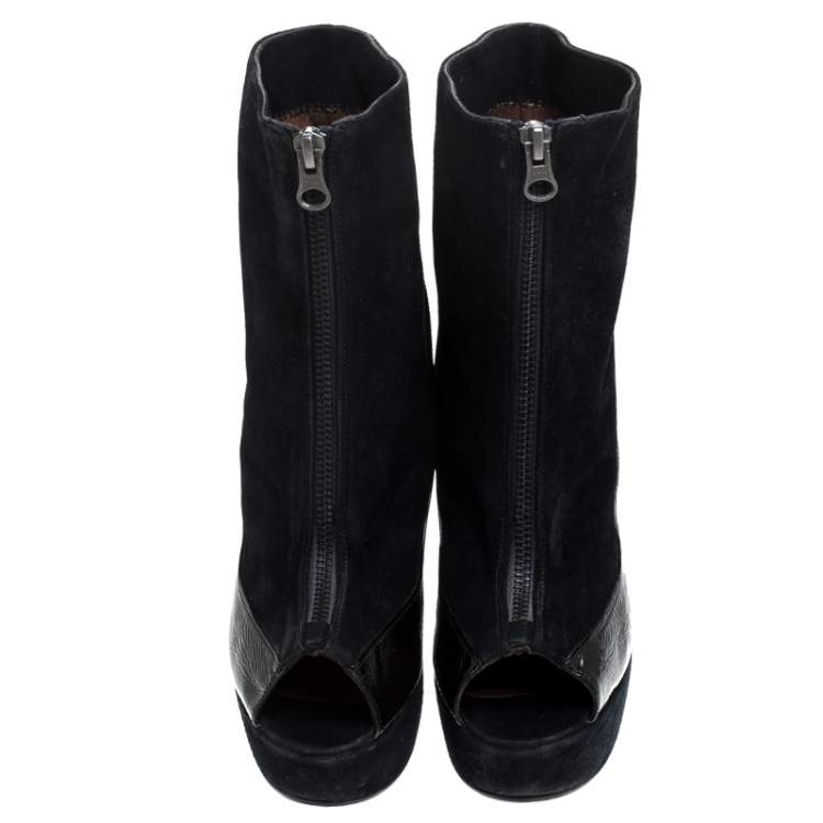 Pre Owned Marni Black Suede And Patent Leather Peep Toe Boots Size 37.5