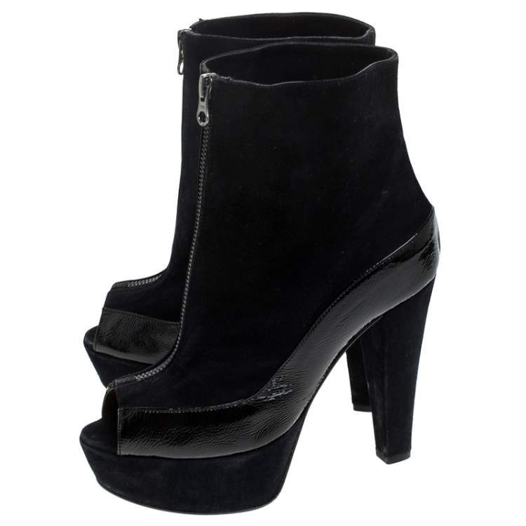 Pre Owned Marni Black Suede And Patent Leather Peep Toe Boots Size 37.5