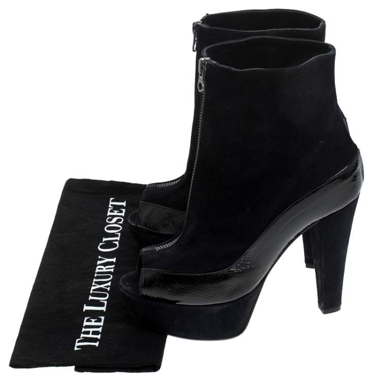 Pre Owned Marni Black Suede And Patent Leather Peep Toe Boots Size 37.5
