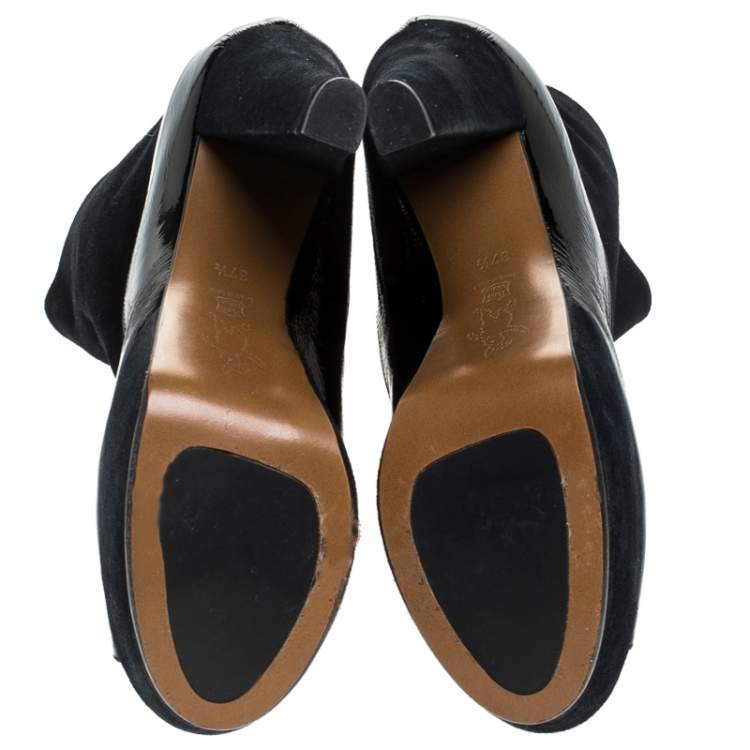 Pre Owned Marni Black Suede And Patent Leather Peep Toe Boots Size 37.5