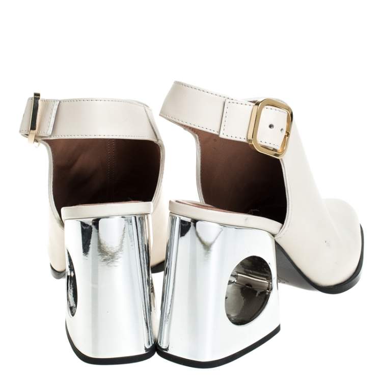 Pre Owned Marni Cream Leather Pointed Toe Contrast Block Heel Slingback Sandals Size 38.5