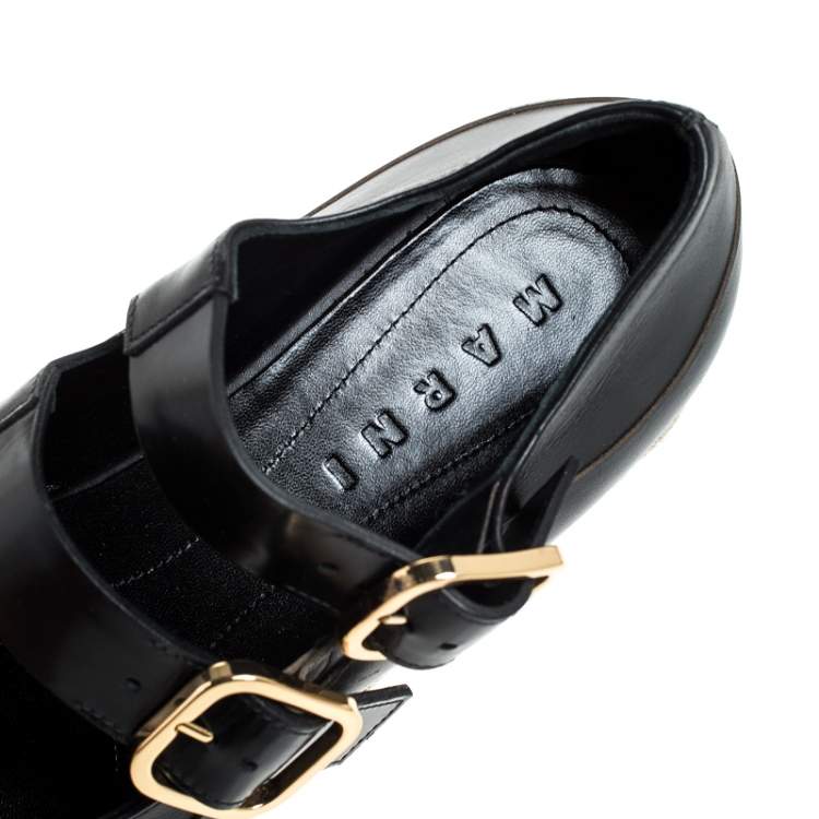Pre Owned Marni Black Leather Buckle Detail Platform Espadrilles Flats Size 38