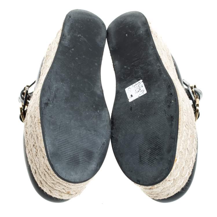 Pre Owned Marni Black Leather Buckle Detail Platform Espadrilles Flats Size 38