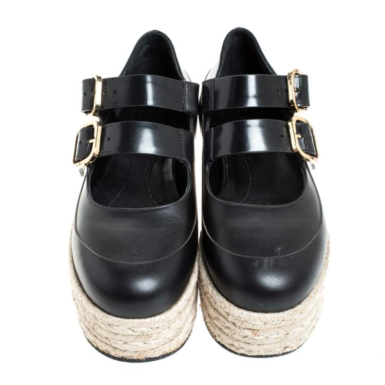 Pre Owned Marni Black Leather Buckle Detail Platform Espadrilles Flats Size 38