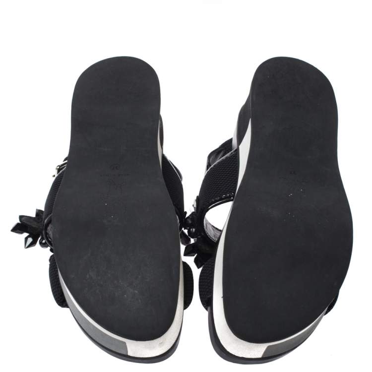 Pre Owned Marni Black Mesh And Patent Leather Embellished Slingback Platform Flat Sandals Size 37