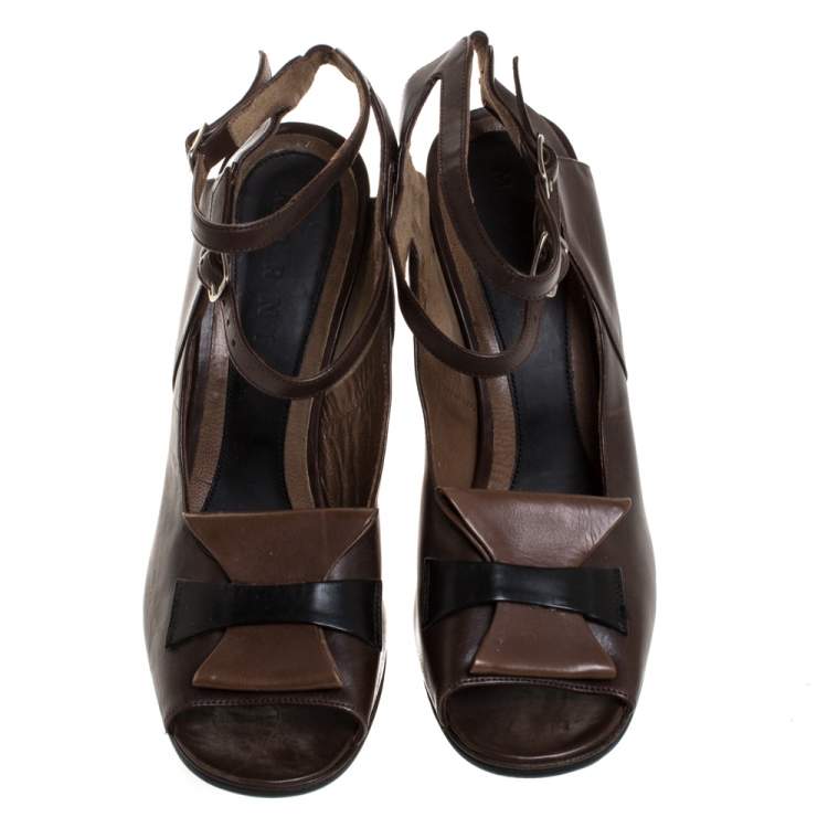 Pre Owned Marni Brown Leather Ankle Strap Platform Sandals Size 38.5
