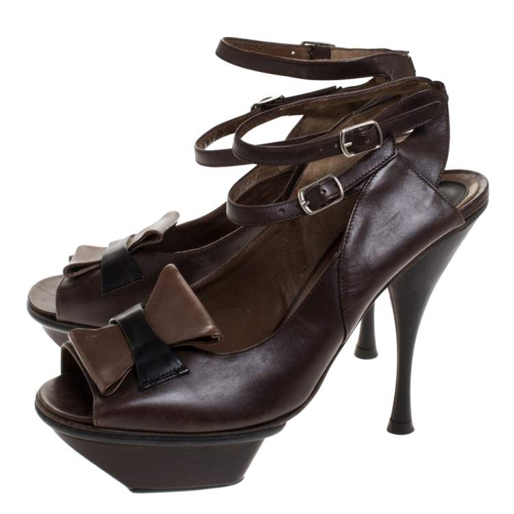 Pre Owned Marni Brown Leather Ankle Strap Platform Sandals Size 38.5