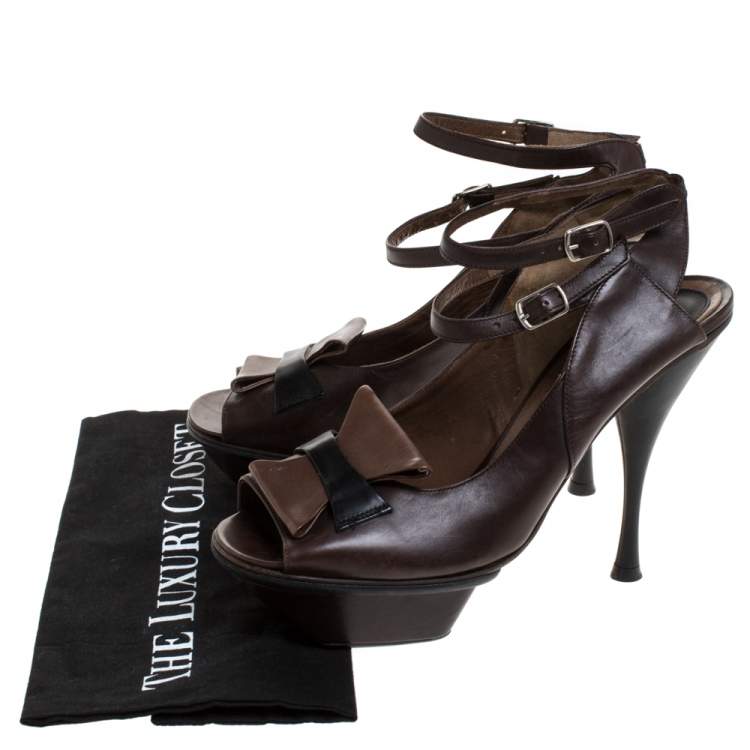 Pre Owned Marni Brown Leather Ankle Strap Platform Sandals Size 38.5