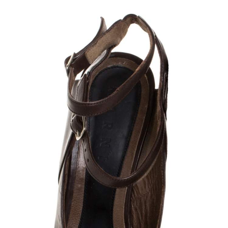 Pre Owned Marni Brown Leather Ankle Strap Platform Sandals Size 38.5