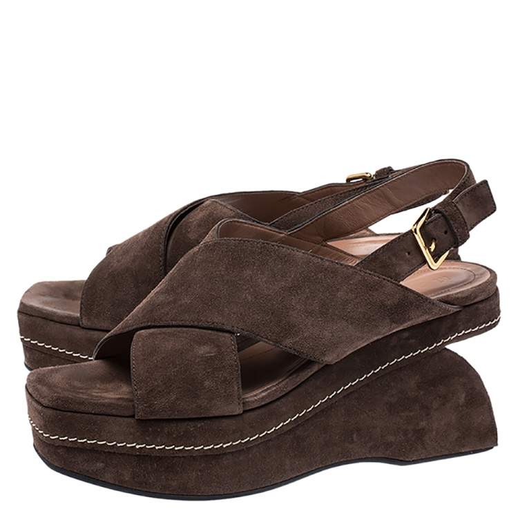 Pre Owned Marni Brown Suede Crisscross Wedge Sandals Size 39